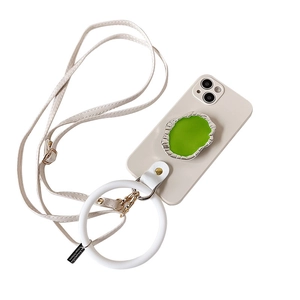 Crossbody iPhone case in off-white with green accent, strap and ring handle holder