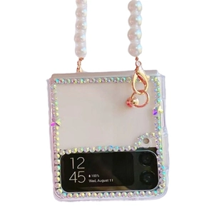 Clear case for Samsung Z Flip with colorful rhinestones and white pearl carry chain strap