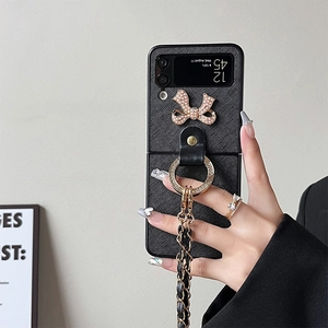 Crossbody strap phone case for Z Flip 6 with rhinestone bow and gold chain link