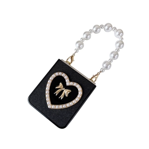 Luxury black heart pattern phone case with pearl handle for Samsung ZFlip series