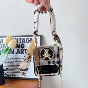 Fashionable plaid phone case for Samsung Z Flip with gold bear charm and silk handle