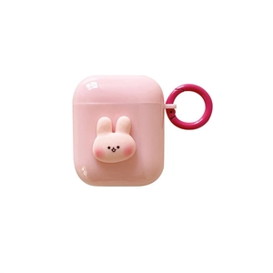 Pink rabbit silicone case for AirPods Pro with cartoon 3D bunny and pink carabiner