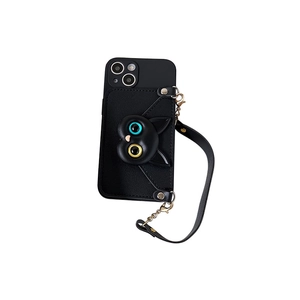 Black leather iPhone case with 3D cat head and heterochromia eyes including hand strap