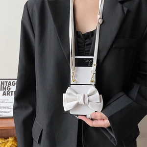 Crossbody Case For Z Flip Foldable Smartphone PU Leather TPU Shell Large Bow Decor With Long Adjustable Strap Luxury