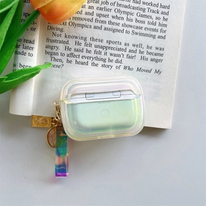 Detailed view of iridescent laser TPU case for AirPods Pro with colorful rainbow lanyard