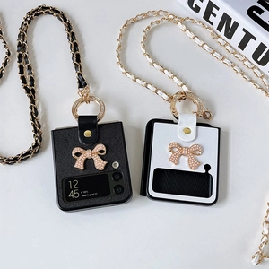 Crossbody Folding Phone Case PU Leather Artificial Pearl Bowknot Rhinestone Ring Long Strap Fashion For Women