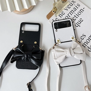 Luxury bow leather case for Samsung Z Flip series with adjustable crossbody strap