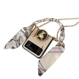 Champagne leather Galaxy Z Flip case with metal bear stand and silk scarf gold chain