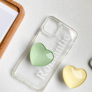 Coque de téléphone transparente avec support 3D en forme de cœur vert et texte Romantic