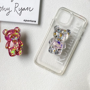 Glitter bear transparent phone case with retractable folding grip stand for desk