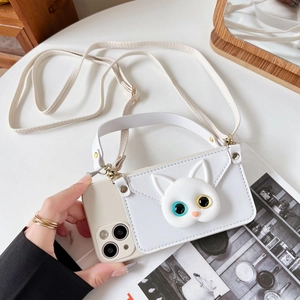 Witte iPhone crossbody tasje met schattige katten portemonnee en verstelbare riem
