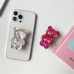 Sparkly bear collapsible phone grip holder with glitter resin finish in silver and rose pink