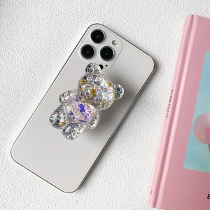 Glittering purple resin bear phone grip with Sweet text on white iPhone back