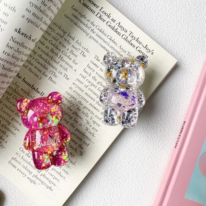 Cute Cartoon Bear Phone Stand Sequin Glitter Retractable Folding Griptok Transparent Plastic Universal Mobile Support