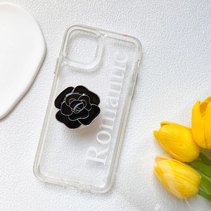 Romantic clear phone case with a black camellia flower kickstand and white lettering