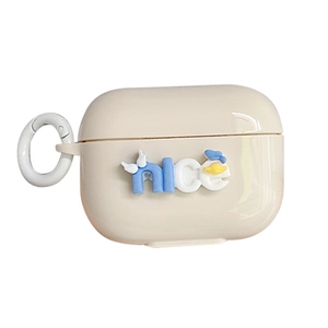 Cream silicone AirPods Pro case with 3D nice lettering and cartoon duck plus carabiner