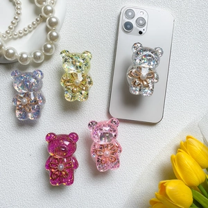 Glitter bear phone grip with pearl flower detail for secure smartphone holding