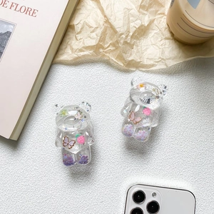 Bear Shaped Transparent Resin Glitter Phone Holder Cute Korean Ins Style Expandable Grip Stand With Butterfly Flower