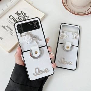 Luxury Samsung Galaxy Z Flip case with rhinestone bear, camellia, and finger ring