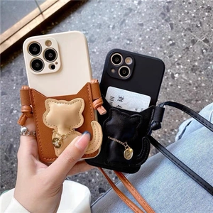 Crossbody iPhone case wallet featuring a 3D cat design and a detachable leather shoulder strap