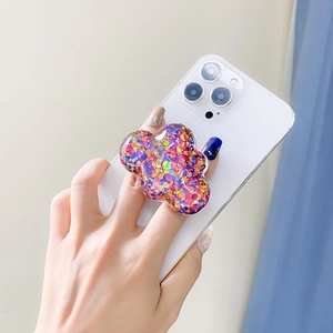 Handheld cloud-shaped phone grip featuring colorful sequins and a clear acrylic design