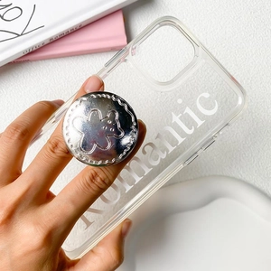 Silver metal bear relief phone socket on transparent case with romantic typography