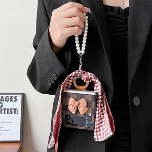 Retro Checkered Folding Phone Case For Samsung Galaxy Z Flip PC PU Leather With Artificial Pearl Handle Satin Scarf Bow Decor