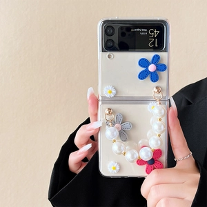 Transparent folding phone case with 3D resin flowers and large pearl handle strap