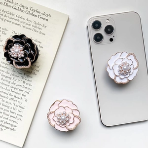 Camellia Flower Phone Grip Holder Elegant Faux Artificial Pearl Rhinestone Expandable Kickstand Luxury Metal Socket For Smartphones