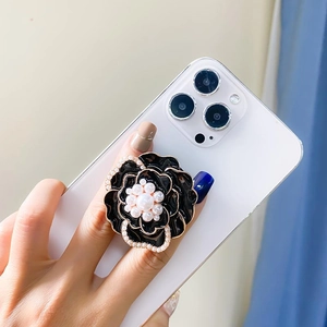 Luxurious metal pearl camellia flower phone grip holder for stylish smartphone support