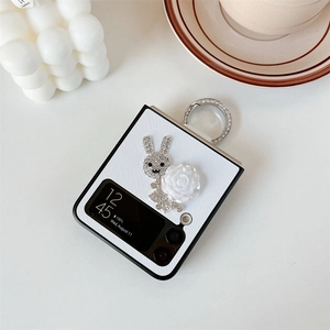 Luxury Samsung Galaxy Z Flip case with rhinestone rabbit, rose flower and ring
