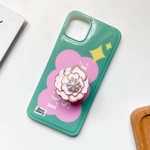 Mint green phone case with pink floral patterns and a 3D pearl camellia flower stand