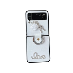 Luxury Z Flip phone case with rhinestone bear, white rose and diamond ring holder