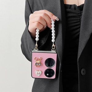 Pink faux leather foldable phone case with pearl strap and golden bear for Huawei P50 Pocket