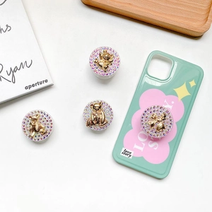 Sparkly bear rhinestone phone socket stand and light green floral case for women