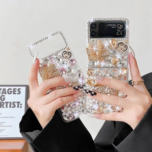 Luxury Handmade Rhinestone Butterfly Bow Phone Case Transparent Acrylic Hard Cover With Mini Bag Charm For Folding Phone