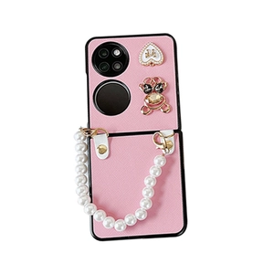 Pink leather texture flip phone case for Huawei P50 Pocket with pearl chain and bear charm