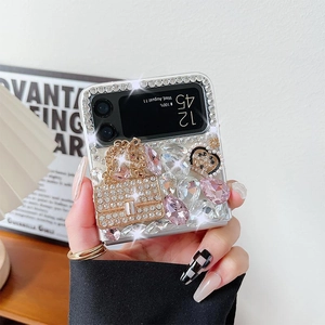 Luxury rhinestone bow phone case for Samsung Galaxy Z Flip series with chain and bear charm