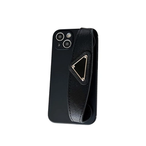 Luxury black Saffiano leather phone case with wrist strap and metal triangle for iPhone