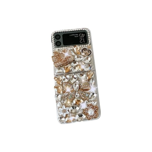 Luxury Samsung Galaxy Z Flip case with sparkling rhinestones, metal bows and pearl flowers