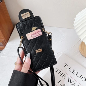 Black quilted crossbody wallet case for iPhone with gold clasp and external card slot