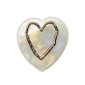 Minimalist heart-shaped phone grip with transparent resin, gold flakes and pearl accents