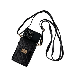Black quilted crossbody phone case for iPhone with gold clasp and adjustable strap