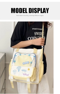 Detail of canvas tote bag with yellow contrast pockets and happy days embroidery patches