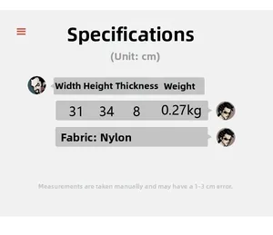 Detailed size specs for nylon school bag showing dimensions 31x34x8cm and weight 0.27kg