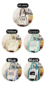 Detail view of five canvas tote bags in white, yellow, green, blue and black colors