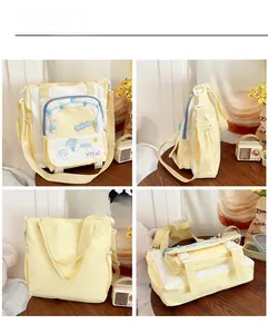 Detail views of light yellow canvas tote bag showing front, side and base structure