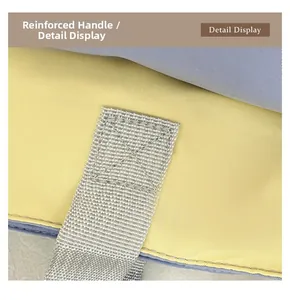 Detail display of reinforced nylon strap with cross-stitching on a bicolor bucket bag