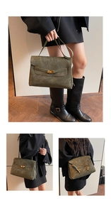 Detailed views of olive green suede shoulder bag with vintage gold twist-lock closure