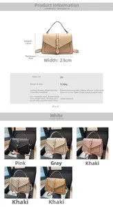 Detailed chart showing PU leather crossbody bag dimensions and five available color options
